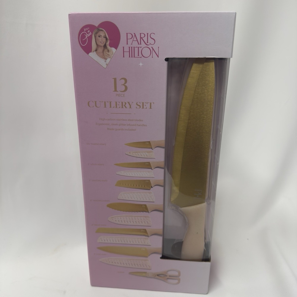 PARIS HILTON 13‎ PIECE CUTLERY SET PARIS HILTON KITCHEN KNIFES PINK & GOLD NEW